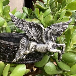 Vintage Bergamot Brass Works Pegasus Belt Buckle Tooled Black Leather Belt